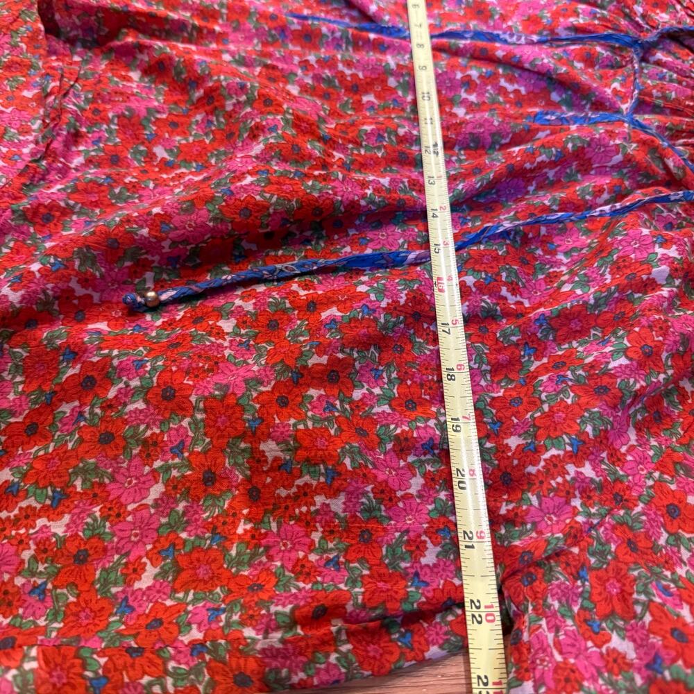 Natural Life Floral Peasant Blouse Medium Boho Red Pink Blue Tie Puff Sleeve M - Picture 5 of 5